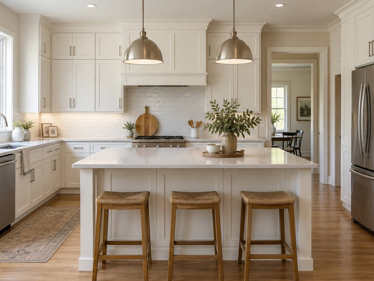 A bright white shaker kitchen with a painted island and a range behind it.