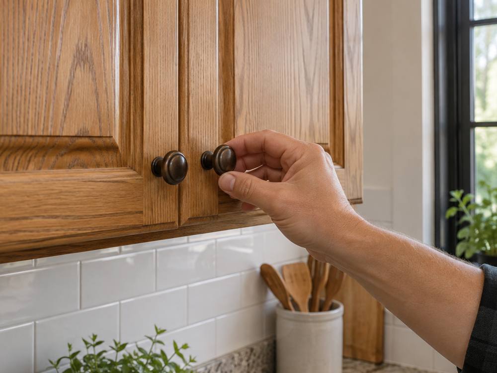 A hand fitting a dark bronze knob on a freshly refinished oak door