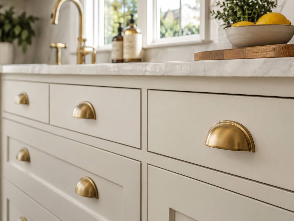 Brass cup pulls on cream shaker drawers beside a brass faucet