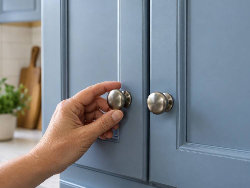 A hand turning a brushed nickel knob on a blue-grey painted door