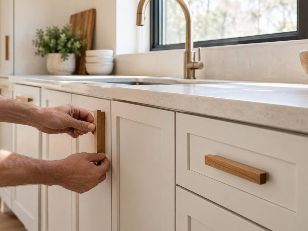 Hands fitting wooden bar handles onto cream painted shaker drawers