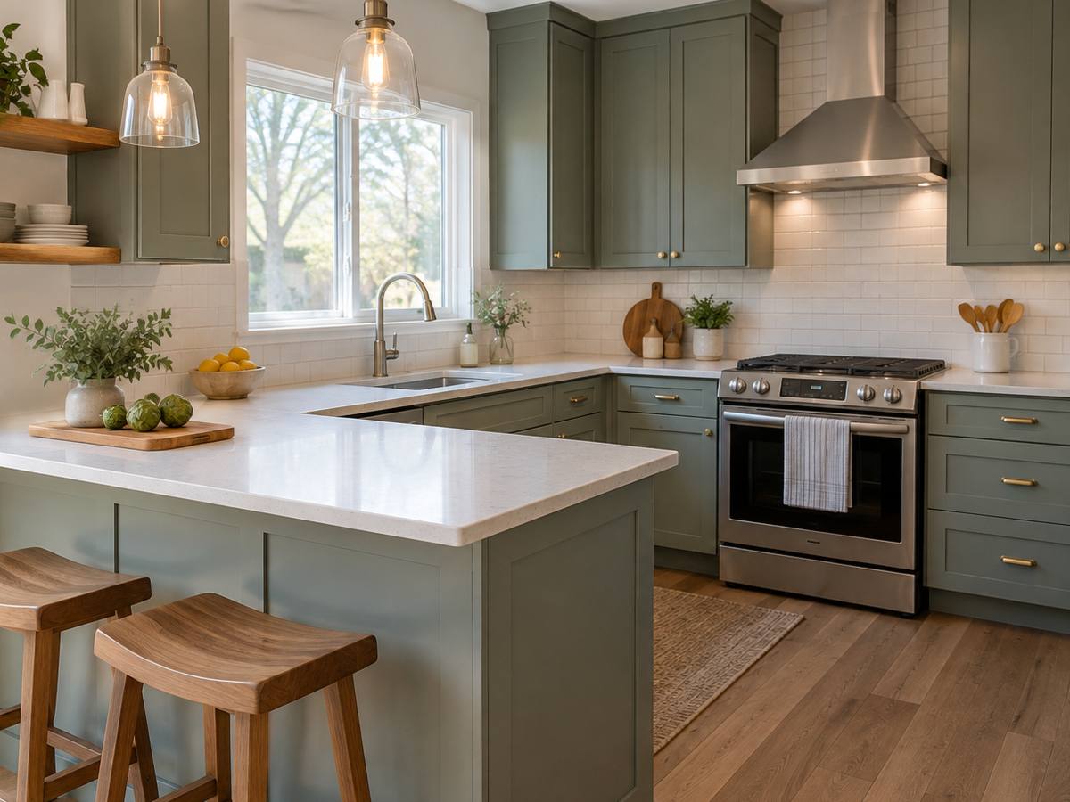 A small kitchen with a breakfast bar and two stools pulled up to it.