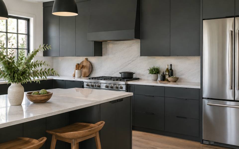 A charcoal grey slab-front modern kitchen with warm wood accents throughout.