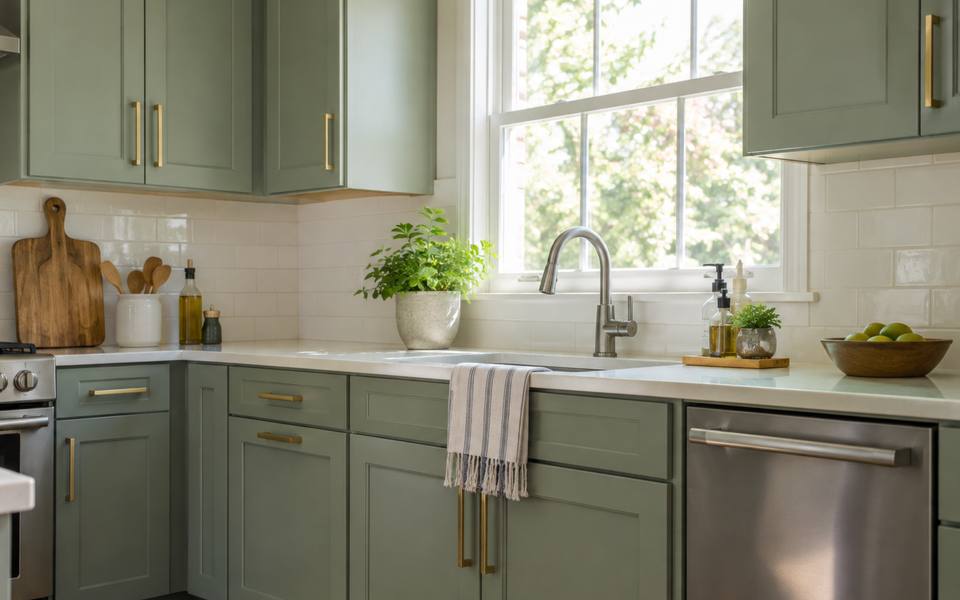Sage green lower cabinets under white upper cabinets fitted with brass pulls.