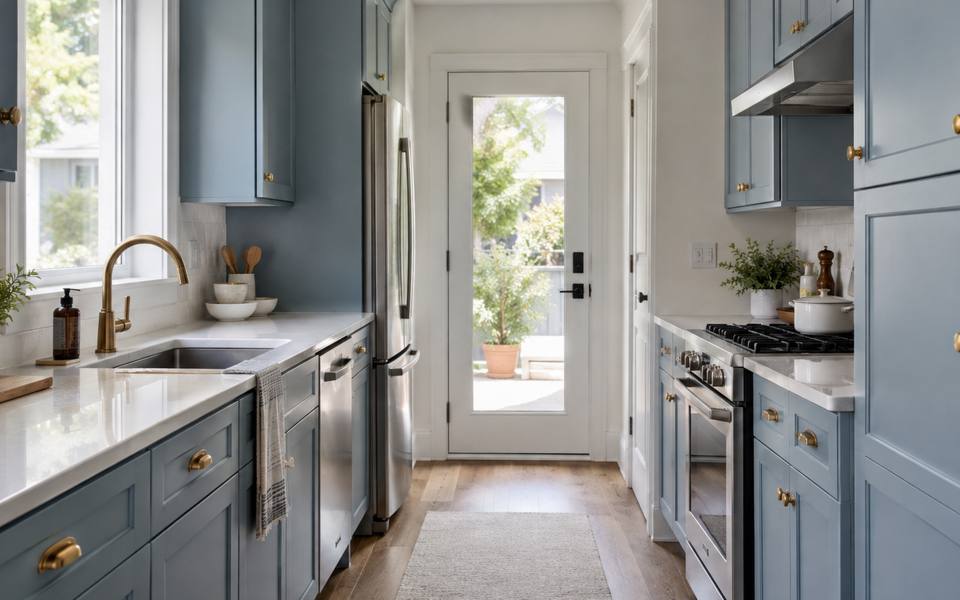 A blue-grey galley kitchen finished with sprayed doors and a clean sheen.