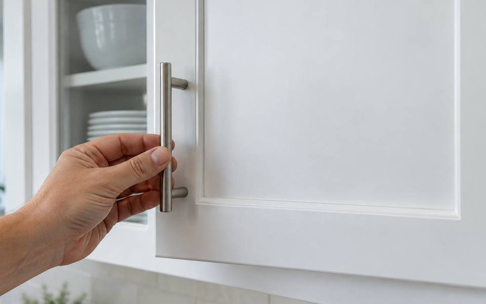 A hand checking the smooth sprayed finish on a white cabinet door.
