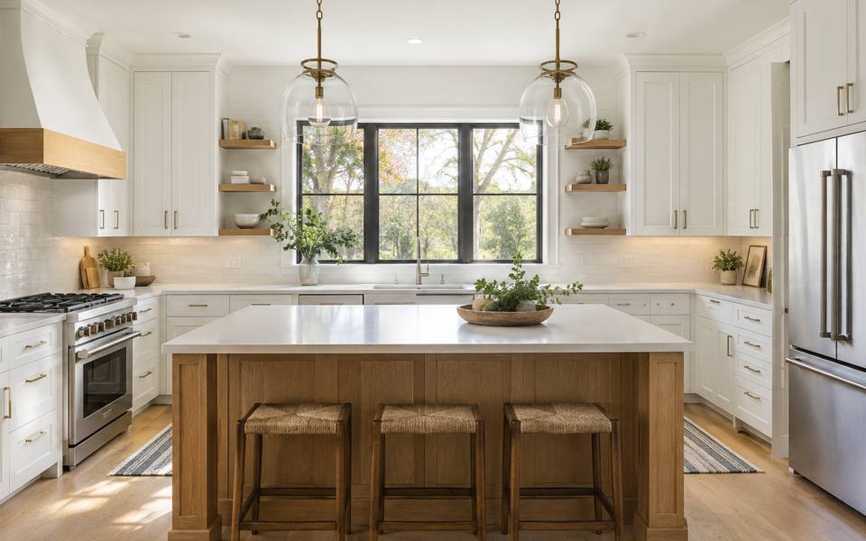 A cream remodelled kitchen built around a large island in a family home.