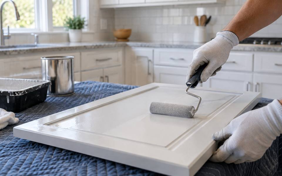 Gloved hands rolling white paint onto a cabinet door laid flat on a padded table.