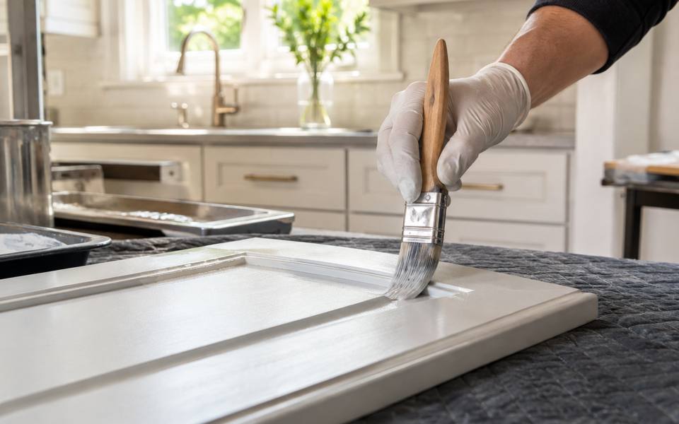 A brush cutting in white paint along the outer edge of a cabinet door.