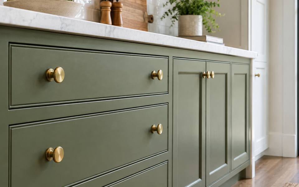 A close view of sage green drawer fronts wearing small brass knobs.