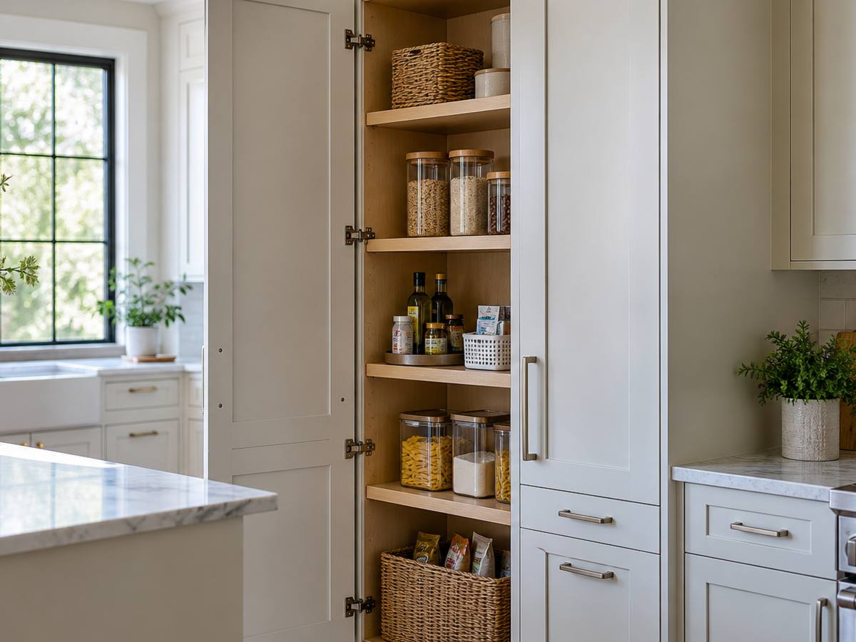 A painted pantry cabinet with open shelves and woven storage baskets inside.